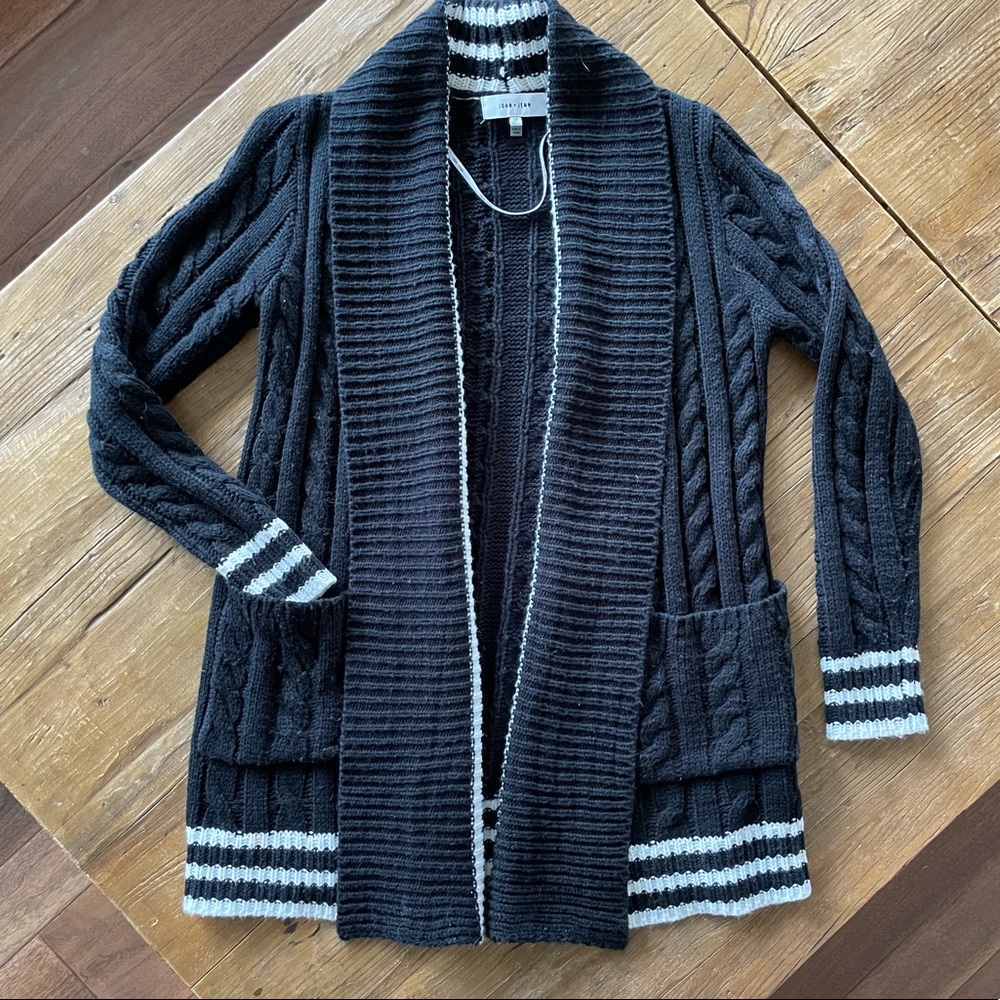 Black and white Varsity style cable knit sweater